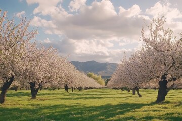 Obraz premium Almond Field: A Beautiful Spring Landscape with Lush Green Trees in Nature