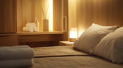 Soft pillows atop a bed and ambient light create a relaxing mood, invoking wellness and tranquility. Suitable for hospitality and lifestyle themes.