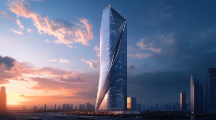 Obraz premium Business skyscraper with a futuristic facade, blue sky and soft sunset glow