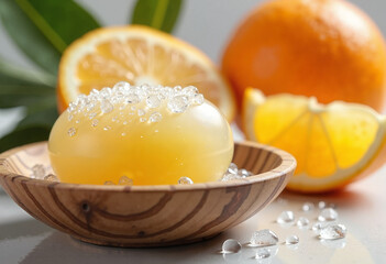 Solid shampoo bar with fresh citrus slices and water droplets in a wooden soap dish, bright and energetic eco-friendly beauty aesthetic. Mock up or template care concept