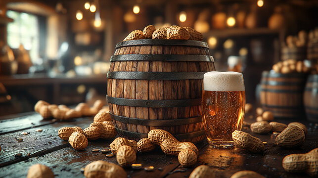 a wooden barrel with a glass of beer