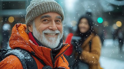 Portrait of a cheerful senior man enjoying a snowy winter cityscape