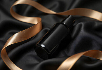 Glossy black perfume oil roller bottle resting on luxurious silk fabric with a soft gold ribbon, sensual and mysterious ambiance.