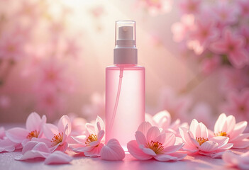 Frosted pink glass bottle of setting spray surrounded by delicate flower petals in a dreamy garden, romantic beauty concept.