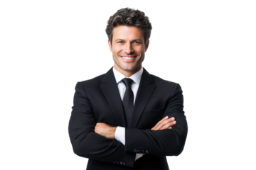 Handsome professional businessman in a sleek black suit smiling warmly with crossed arms isolated on white or transparent, PNG