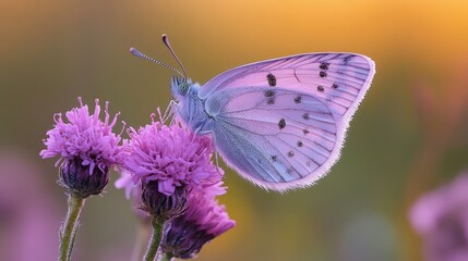 Naklejka premium Pale butterfly on purple flower at sunset, nature background, ideal for peaceful themes