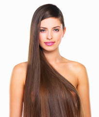 Fototapeta premium Hair, portrait and smile with woman isolated on white background for keratin or shampoo treatment. Beauty, cosmetics and haircare with naked model in studio for natural or organic volume and wellness