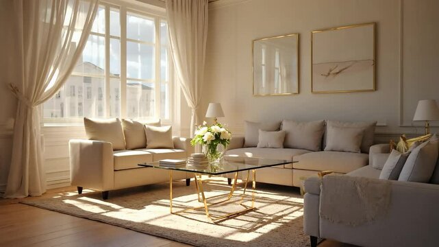 Bright living room with natural light and stylish furniture, representing spring decor, home comfort, elegance and seasonal transformation