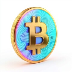 Obraz premium A 3D neon Bitcoin icon, glowing gold and cyan colors, futuristic blockchain theme, metallic reflections, front facing, isolated on white background