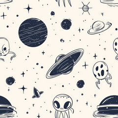 A quirky alien and UFO doodle pattern with tiny flying saucers and galaxy elements