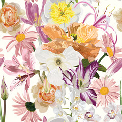 Seamless floral pattern, creamy roses, white peony, magnolia, poppy on a white background. Design for wallpaper, fabric, wrapping paper, cover and more. Vector illustration.