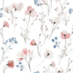 A seamless pattern of delicate wildflowers, gently swaying in the breeze, soft watercolor style.