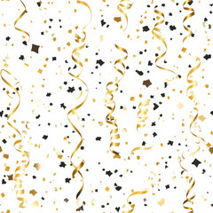 A celebratory confetti and streamer pattern with shimmering gold details