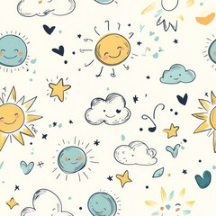 A seamless pattern of playful hand-drawn doodles with cute smiling suns, stars, and fluffy clouds, mixed with tiny hearts, swirls, and abstract shapes. The sketchy lines add a fun, energetic feel to