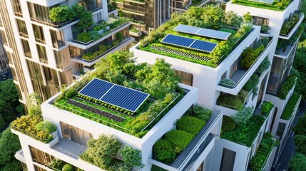 A futuristic eco city with lush rooftop gardens, solar panels, and vertical farms integrated into skyscrapers, symbolizing sustainability and green architecture