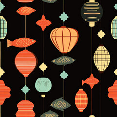 A hanging lantern pattern featuring different traditional shapes such as lotus, fish, and round lanterns