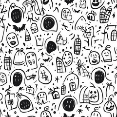 A fun and spooky hand-drawn doodle pattern featuring little ghosts, pumpkins, and tiny haunted houses. The imperfect, childlike lines make it feel playful rather than scary, perfect for Halloween