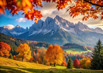 Naklejka premium Vibrant autumn foliage frames the Wilder Kaiser mountains; a Bavarian Alps bokeh dream.