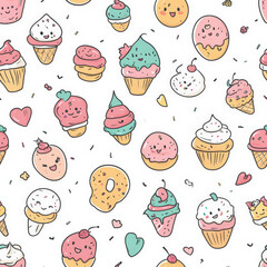 A fun hand-drawn doodle pattern of tiny smiling cupcakes, donuts, and ice cream cones, each with exaggerated, cartoonish details and sketchy outlines. The whimsical food characters add a playful and