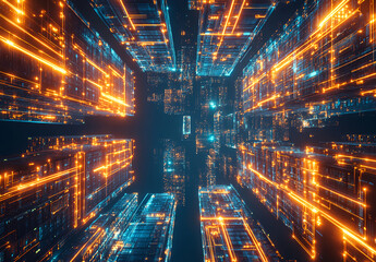 3D rendering of the interior view of an advanced data center with rows of server cabinets illuminated by orange and blue lights. The scene is captured from a low angle, showcasing the vastness 