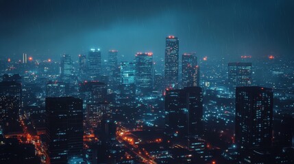 Downtown LA cityscape at night, glowing lights from high-rise office buildings, bustling metropolitan atmosphere