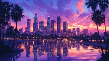 Downtown LA skyline with towering skyscrapers, reflecting city lights at dusk, palm trees in the foreground