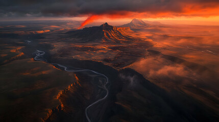 Fototapeta premium Aerial View of Dramatic Mountain Landscape with River at Sunset