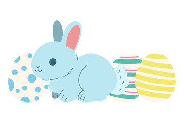 Cute Easter bunny with Easter eggs. Hand drawn rabbit with decorated eggs. Traditional holiday decorations elements. Stock vector illustration isolated on a white background.