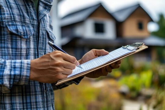 Asian inspector checking structure of new property and taking note in the clipboard for review and fix the house before sell to client