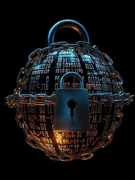 Digital security concept with a globe made of binary code wrapped in chains and a padlock, symbolizing data protection and cyber defense.