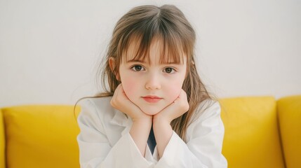adorable little girl in white shirt posing on yellow couch
