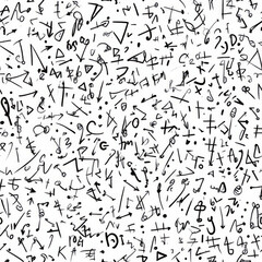 A messy notebook scribble pattern with random alphabet letters, tiny arrows, and rough sketch symbols, resembling the creative sketches found in a brainstorming session.