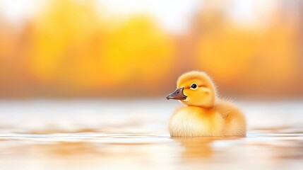 Cute duckling swims autumn lake, blurred trees background, nature wildlife image