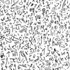 A messy notebook scribble pattern with random alphabet letters, tiny arrows, and rough sketch symbols, resembling the creative sketches found in a brainstorming session.