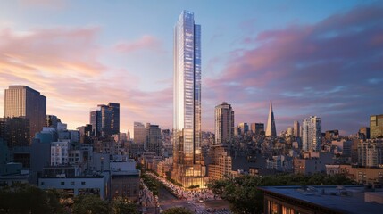 Fototapeta premium Elegant steel skyscraper towering over a bustling business district