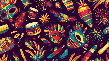 Obraz premium Carnival-Inspired Abstract Pattern with Traditional Symbols and Tropical Colors
