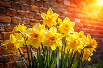 Obraz premium Vibrant yellow daffodils burst forth, contrasting beautifully against a red brick wall, capturing the essence of spring.