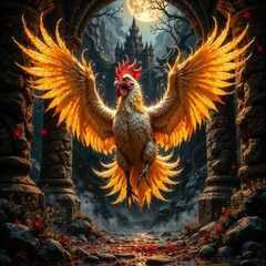 Fototapeta premium Majestic Rooster with Royal Mood Spreading Wings Against Gothic Castle