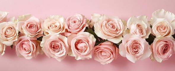 Pink roses on a pink background with copy space for text, a banner design. Background of blooming rose flowers in pastel colors. 