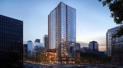 Elegant steel skyscraper towering over a bustling business district