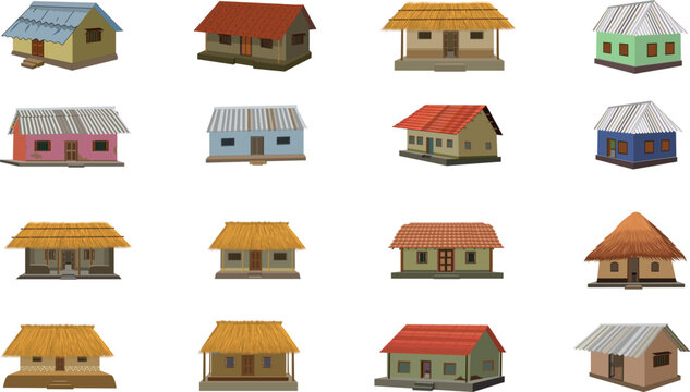 set of houses Isolated on white background.Vector hut illustration collection.Asian home set design