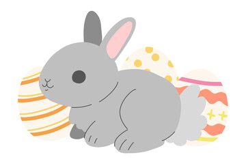 Cute bunny with painted Easter eggs isolated on white background. Little cartoon rabbit with decorated eggs. Colored flat vector card illustration.