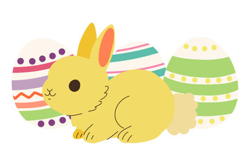 Cute bunny with painted Easter eggs isolated on white background. Little cartoon rabbit with decorated eggs. Colored flat vector card illustration.