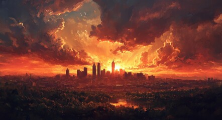 Fototapeta premium Atlanta Skyline at Sunset. A Beautiful Cityscape with Silhouettes and Dramatic Sky