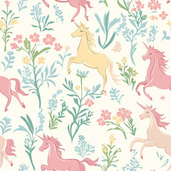 Naklejka premium A whimsical unicorn pattern featuring pastel-colored unicorns prancing through fields of magical flowers.