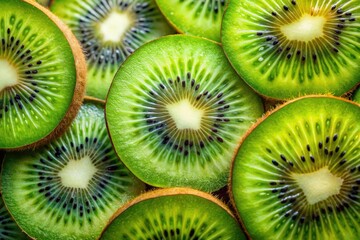 Vivid kiwi slices, double exposed, create a textured, vibrant fruit background.