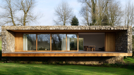Fototapeta premium A beautiful stone house in the Provence region of France, overlooking fields and trees, with an elegant wooden terrace on one side of its large windows, set against a clear blue sky at sunset. 