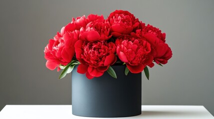 Fototapeta premium Red peonies in a dark gray box on a table