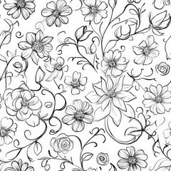 Fototapeta premium A seamless floral doodle pattern featuring hand-drawn daisies, roses, and swirling vines. Some flowers are simple outlines, while others have delicate sketchy details, creating a playful yet elegant