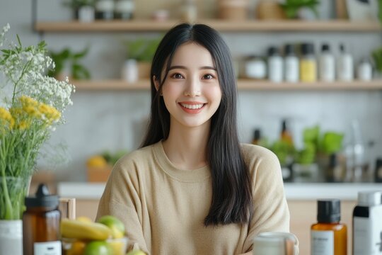 Asia healthy beautiful blogger influencer showing plant-based protein whey product on her live streaming channel to viral marketing brand online in wellness group